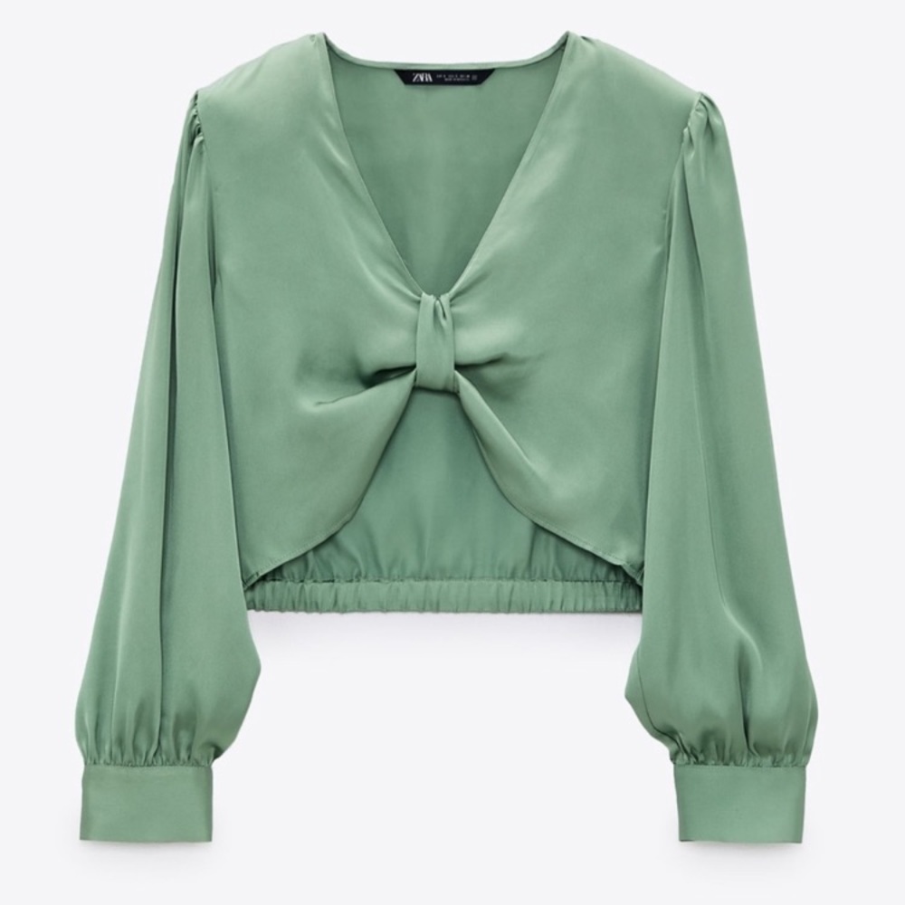 ZARA KNOTTED SATIN EFFECT TOP PASTEL GREEN